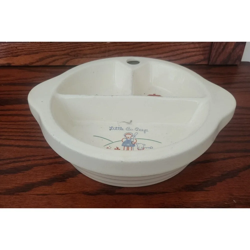 Vintage 1944 Excello Porcelain Child's Warming Bowl Plate Little Bo Peep Pattern